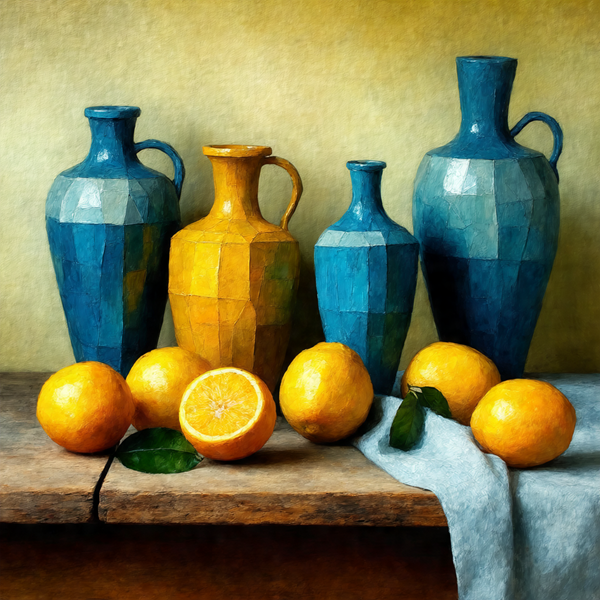 Vibrant Still Life with Vessels and Citrus