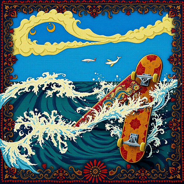 Ornate Skateboard and Ocean Waves