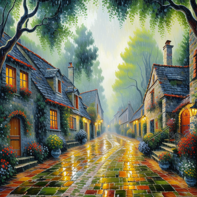 Rainy Reflections on Cobblestone Lane view 2