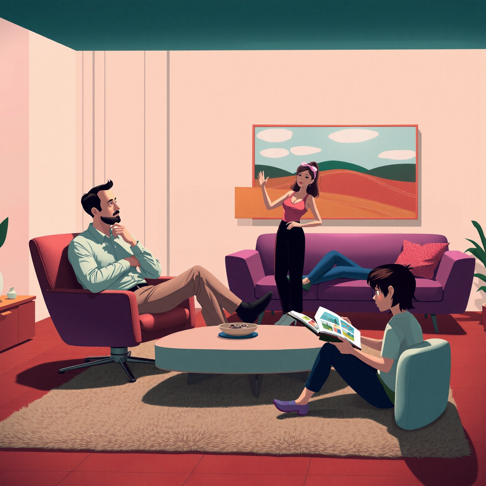 Quiet Exchange in Pastel Room view 2