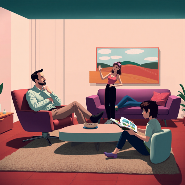 Quiet Exchange in Pastel Room