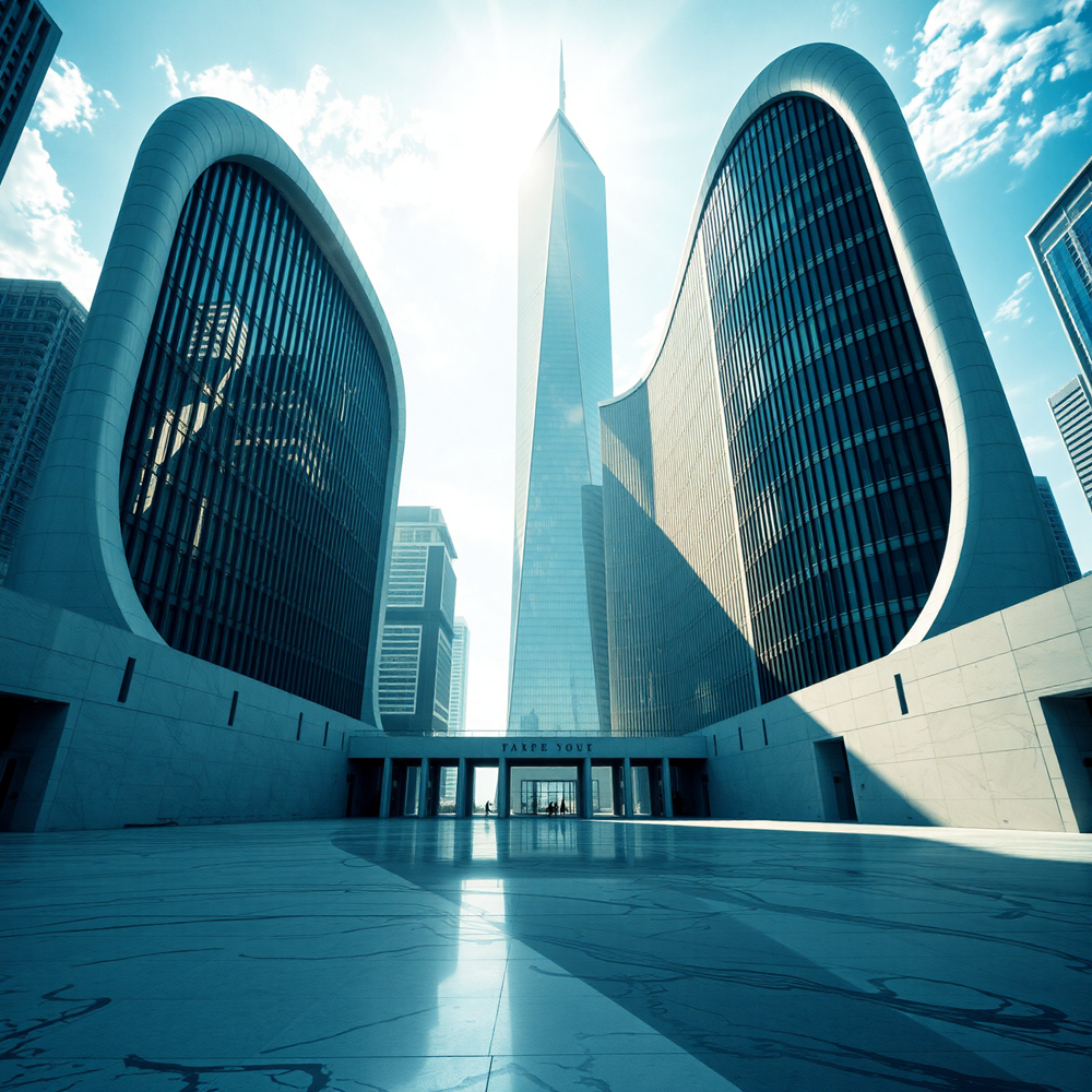 Curved Towers and Central Spire view 2