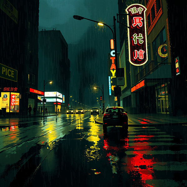 Neon Reflections on a Rainy Night