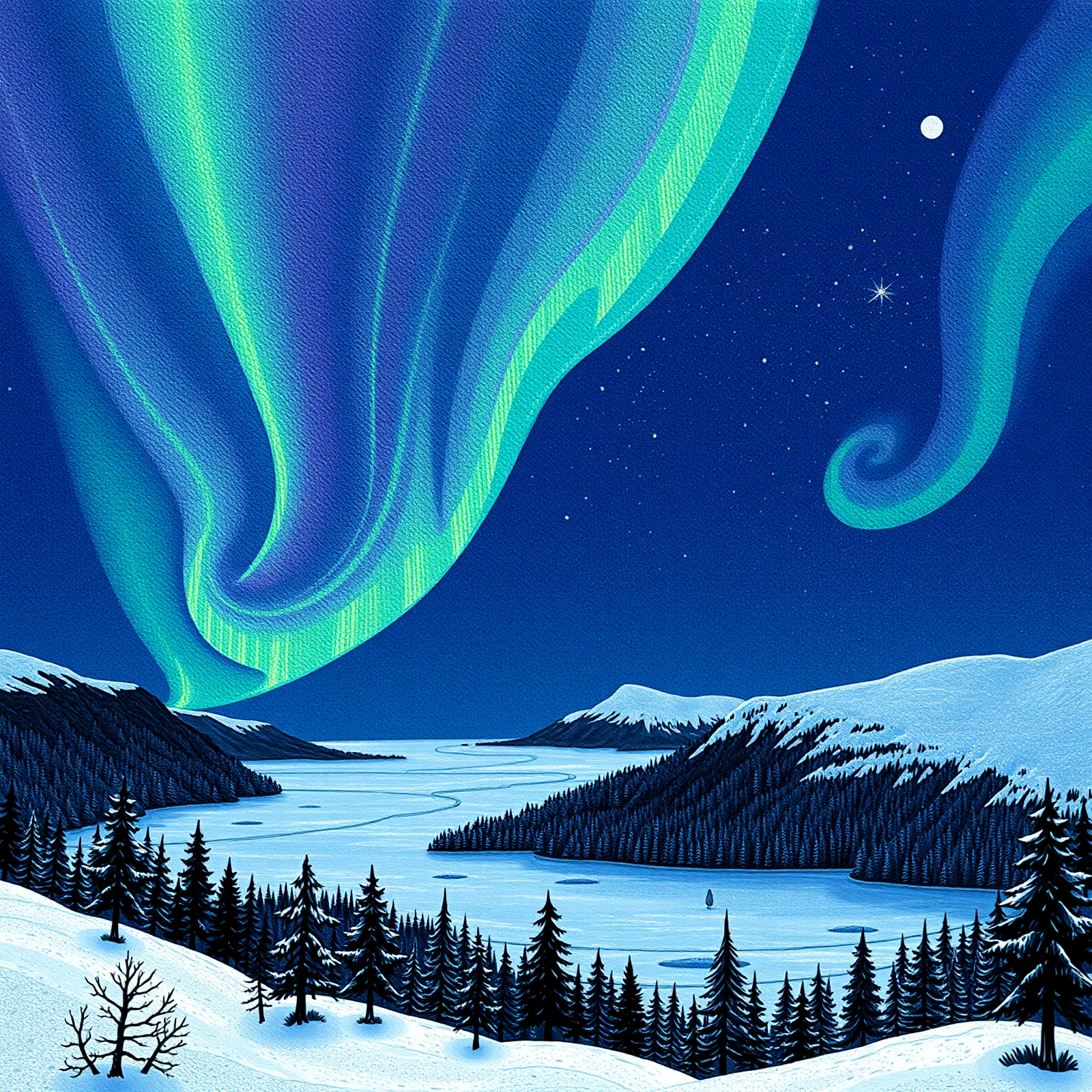 Northern Lights Over Snowy Lake view 2