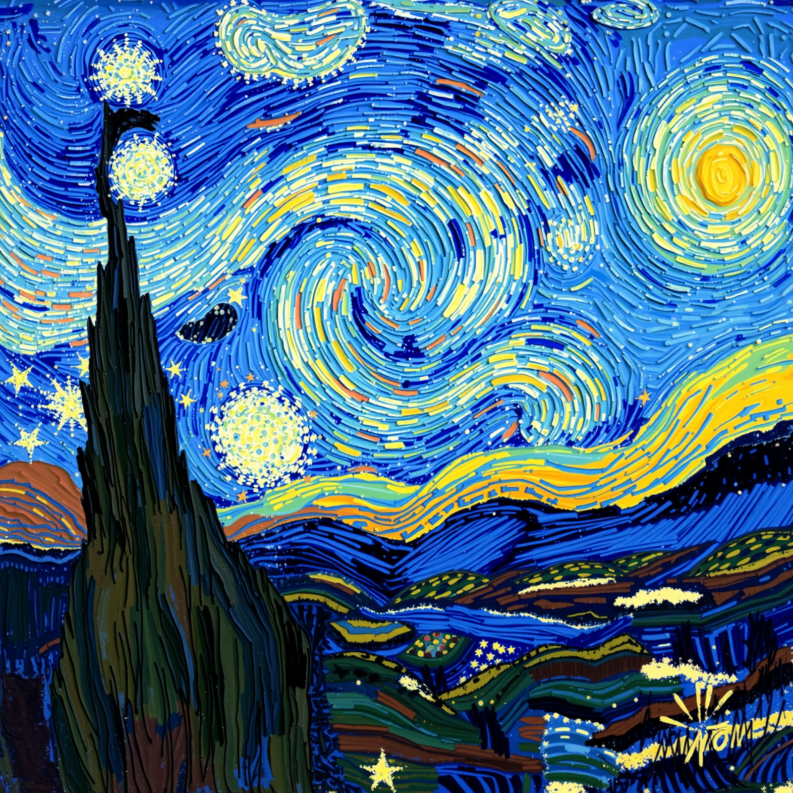 Cosmos arremolinado sobre las colinas vista 2