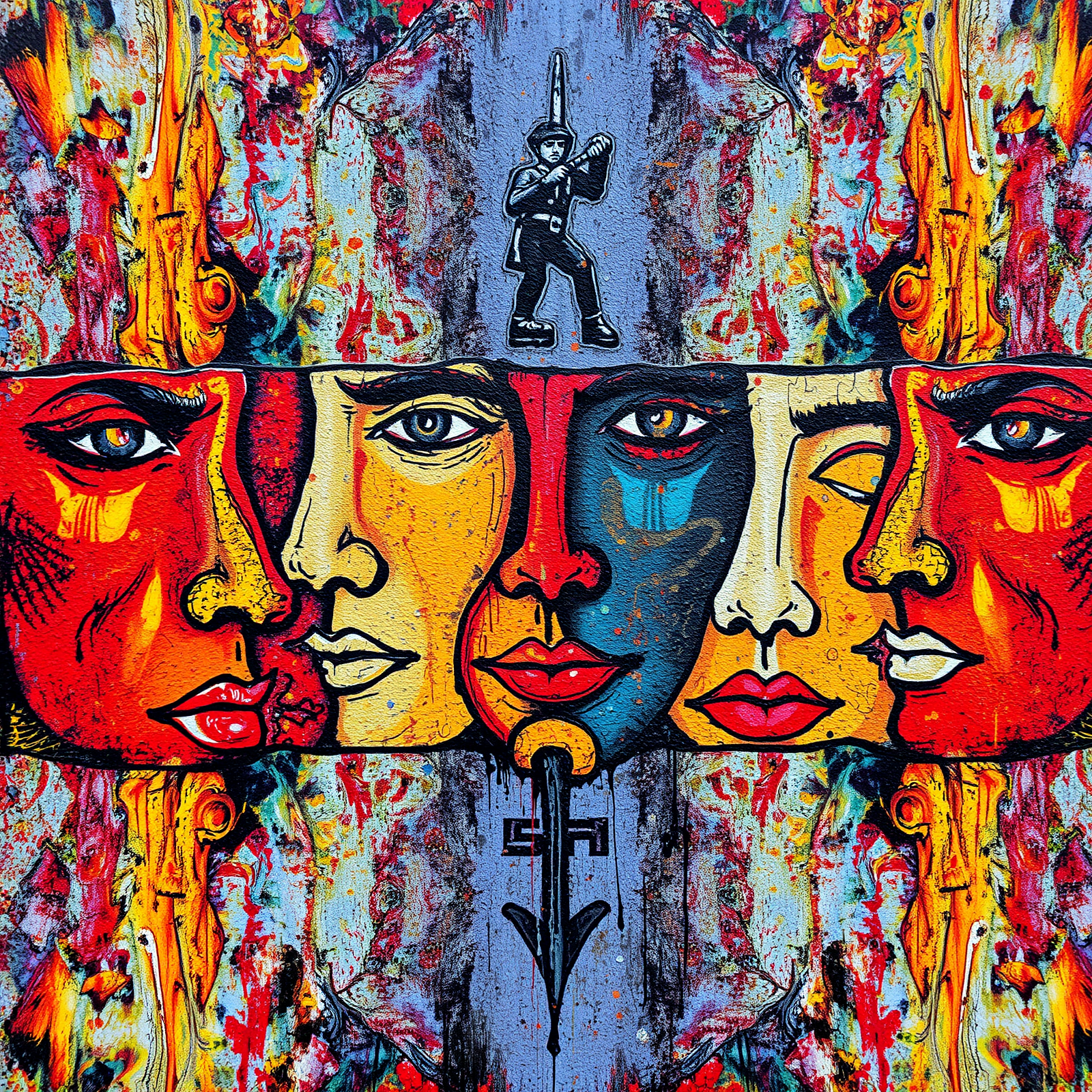 Vibrant Faces and Standing Figure