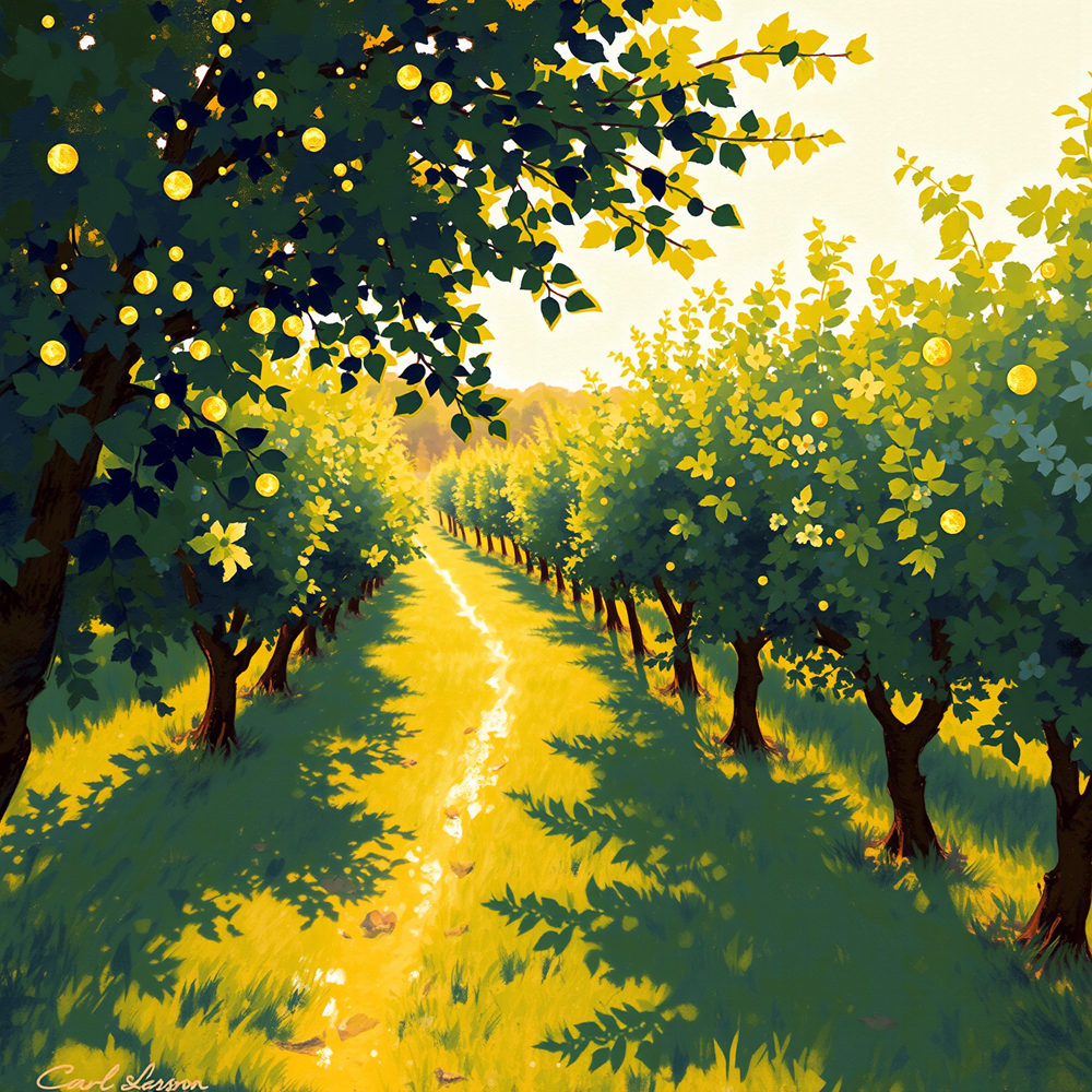 Pathway Through the Sunlit Orchard view 2