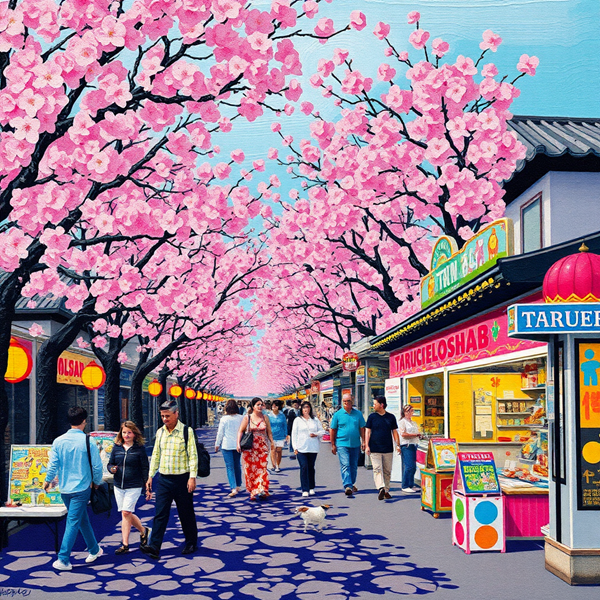 Cherry Blossoms Over the Street Market