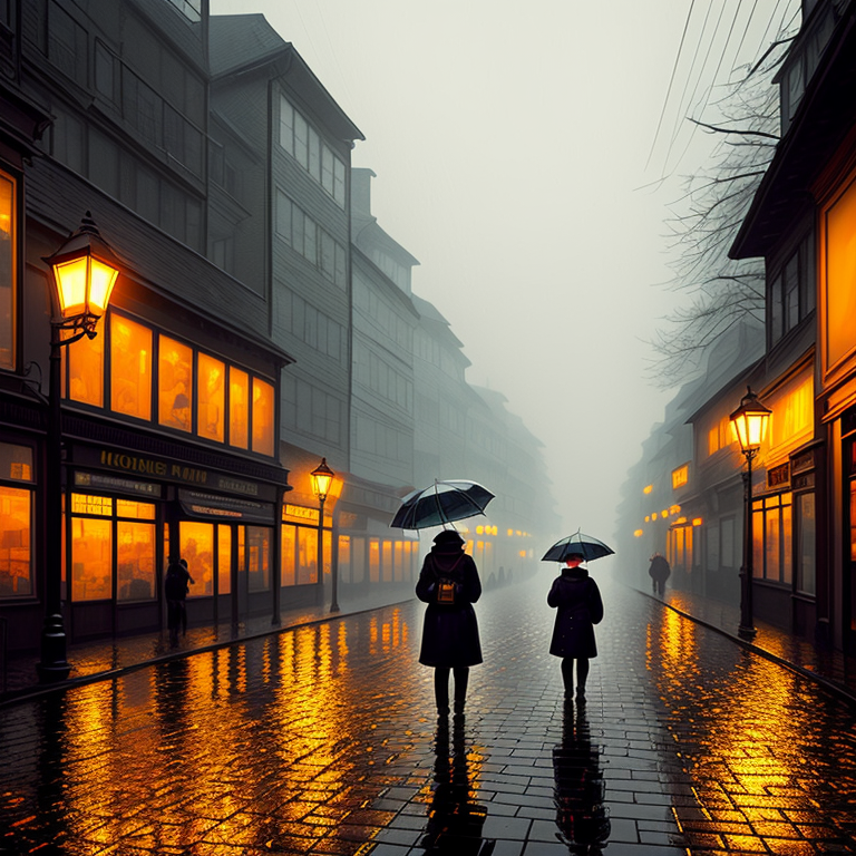 Evening Stroll Through Misty Streets view 2