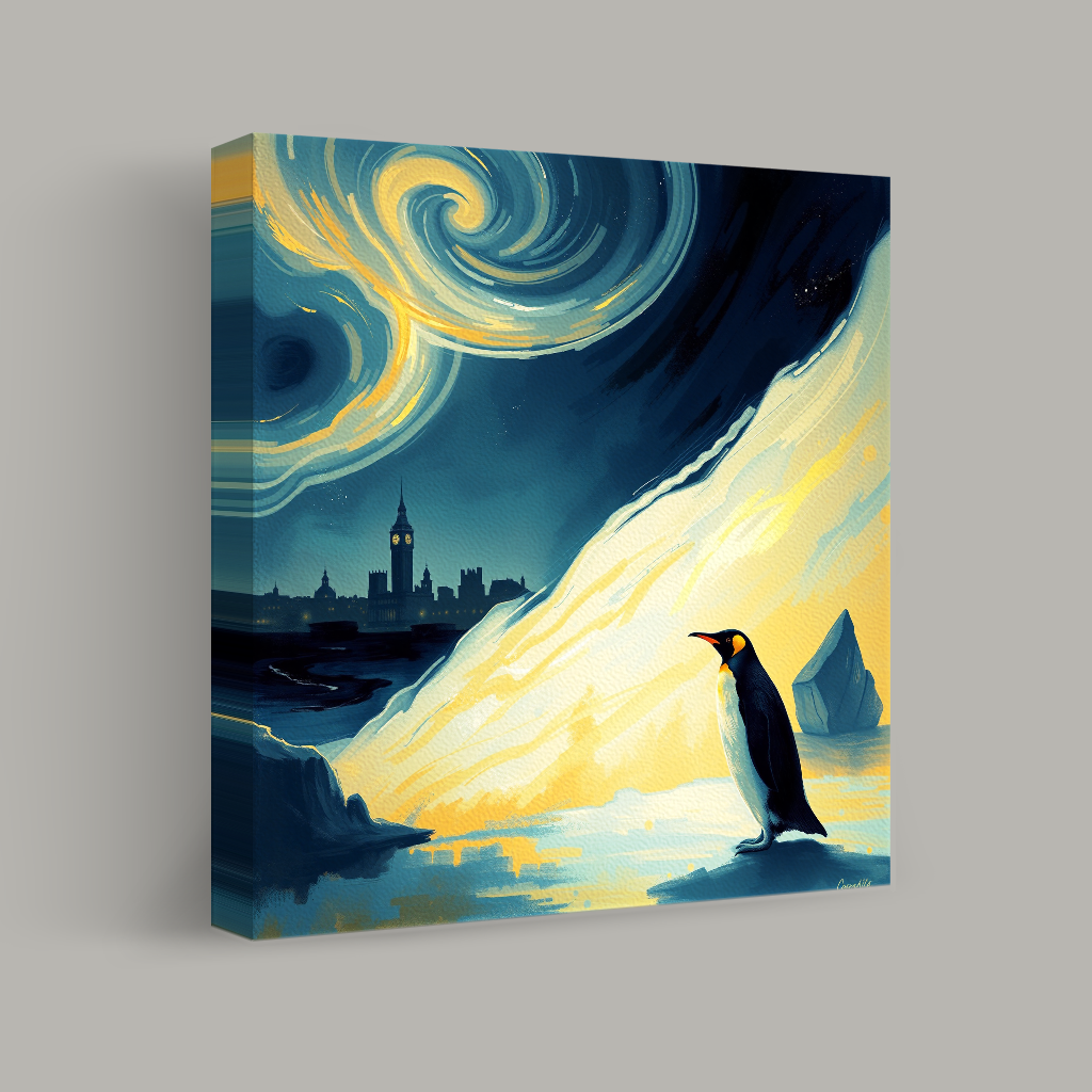 Penguin Under Swirling Night Sky view 1