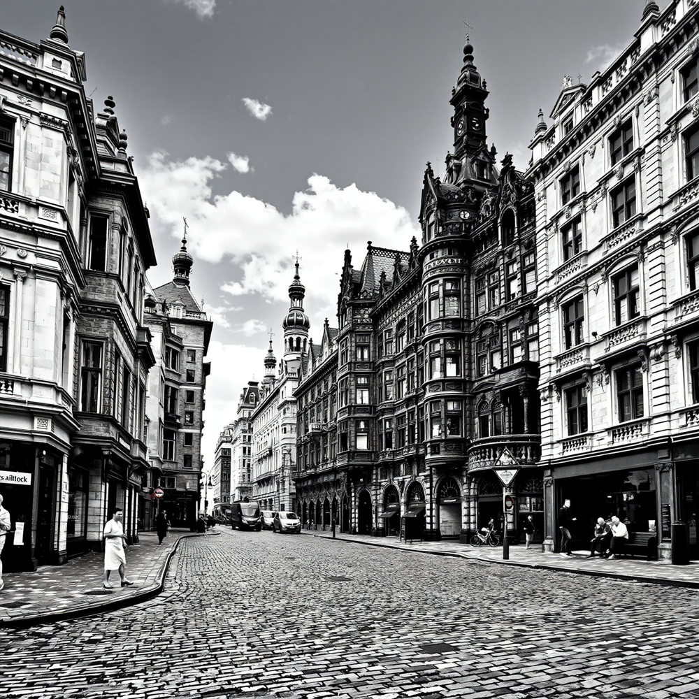 Cobbled Street and Ornate Facades view 2