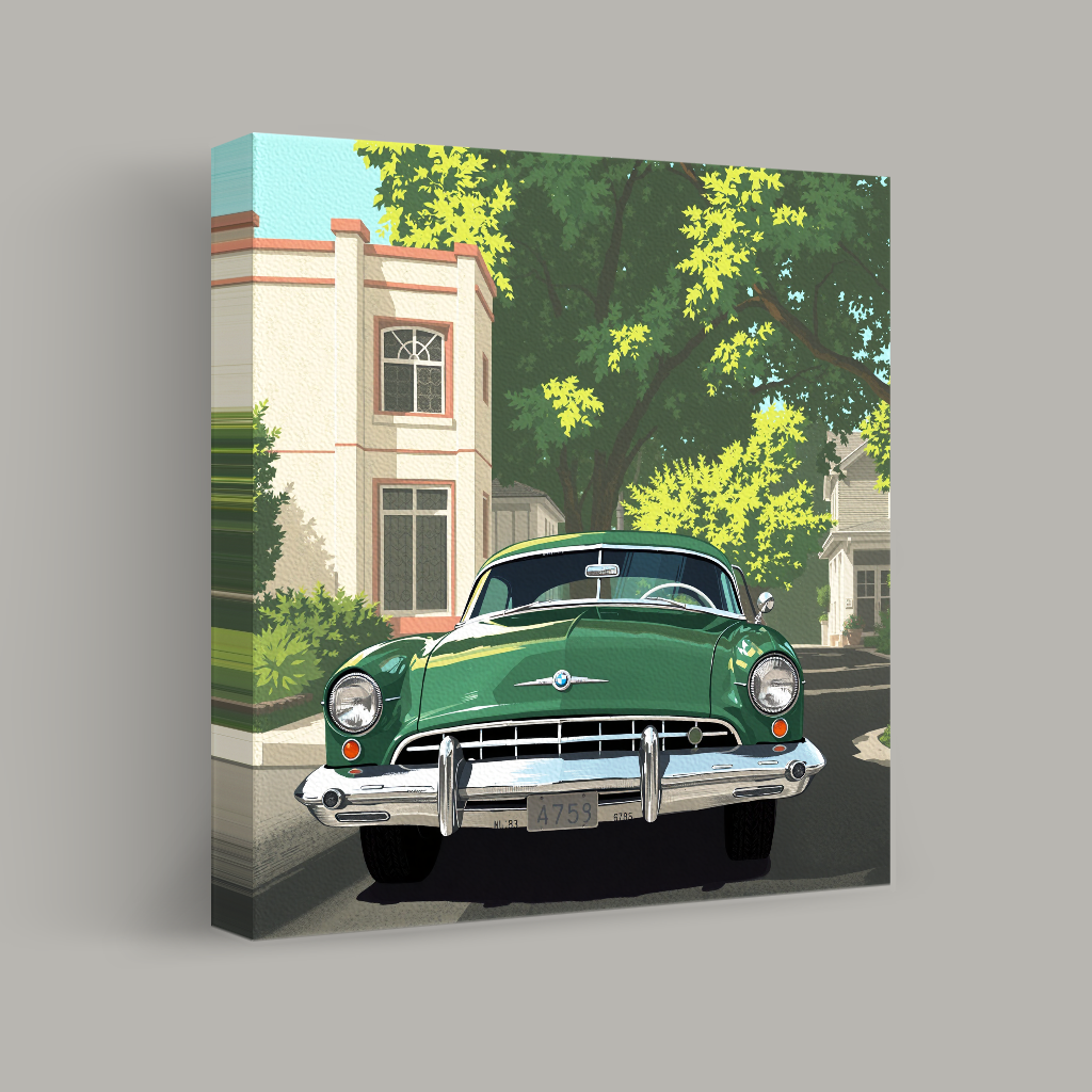 Classic Green Car on Suburban Street view 1