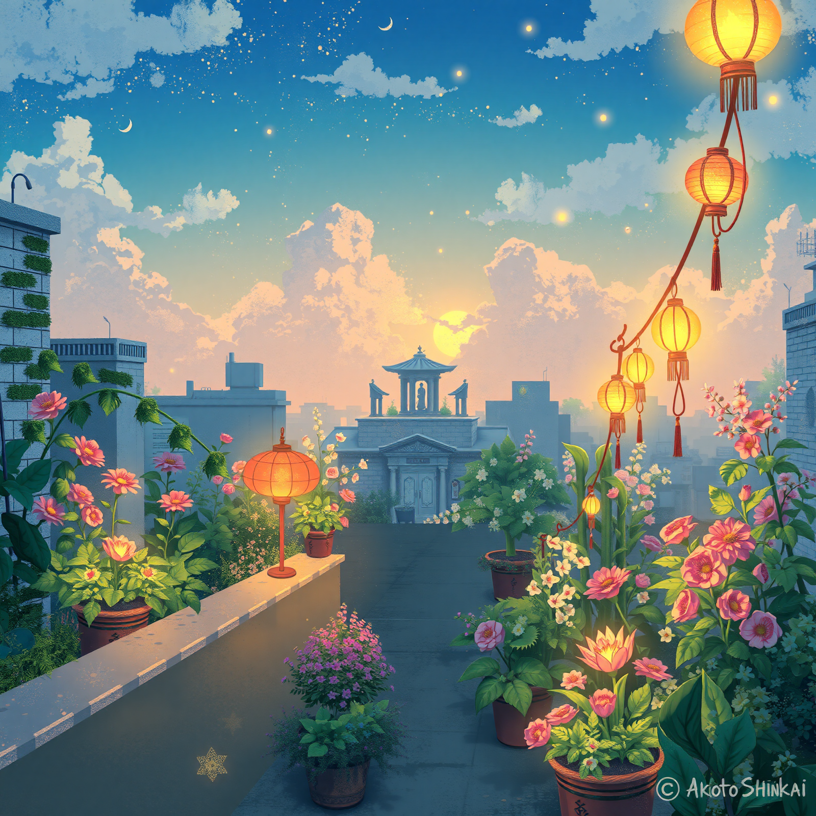 Lanterns Over a Blooming Rooftop view 2