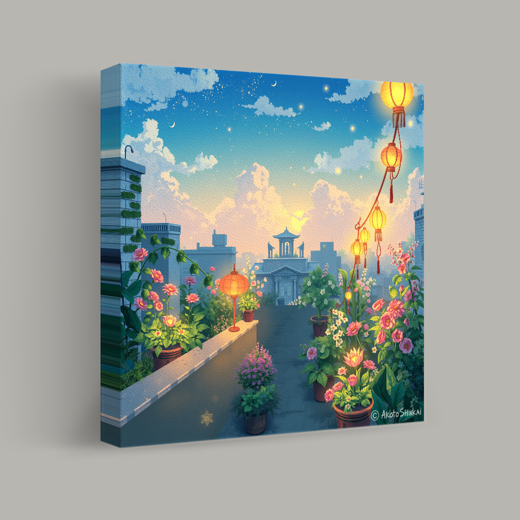 Lanterns Over a Blooming Rooftop view 1