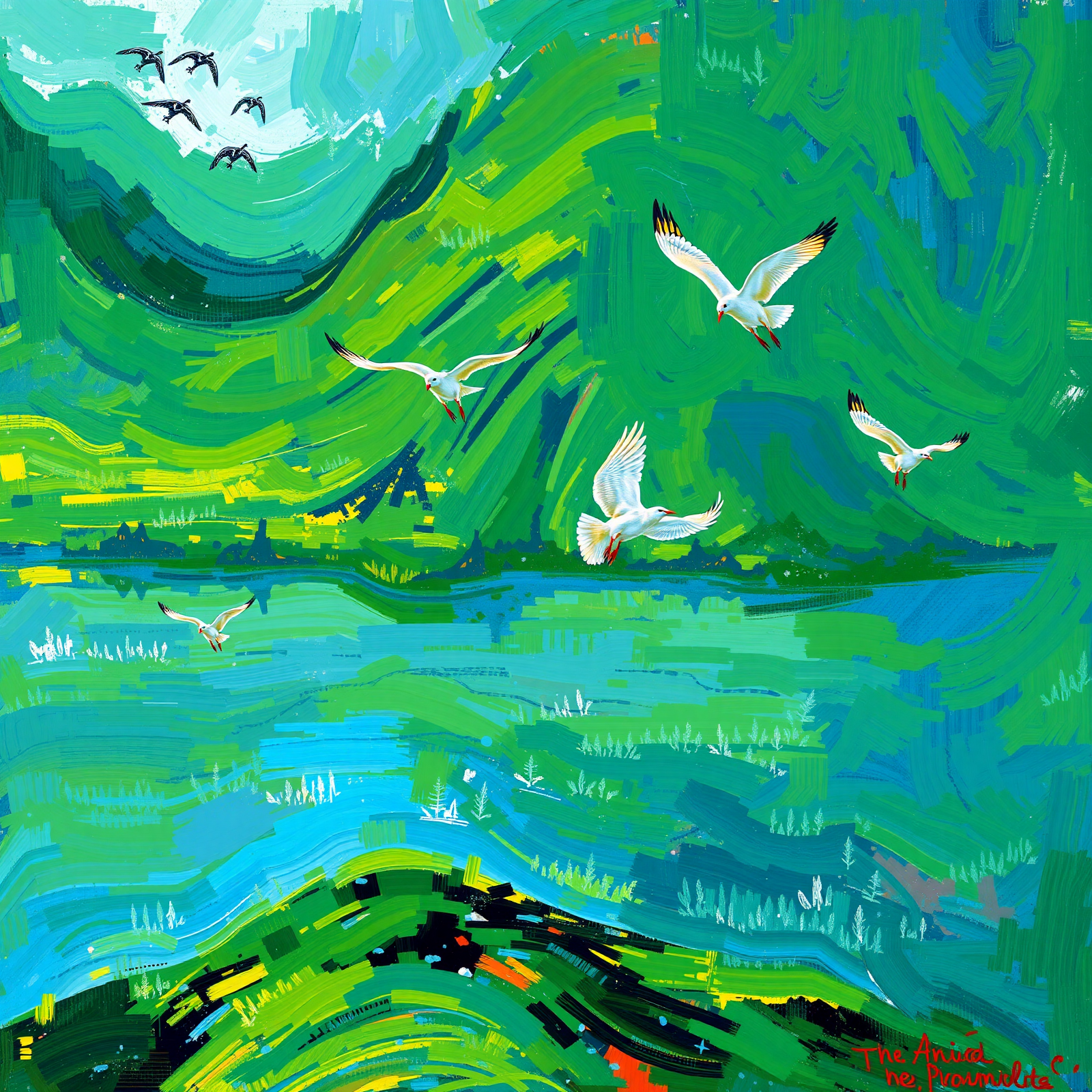 Soaring Gulls Over Green Waves view 2