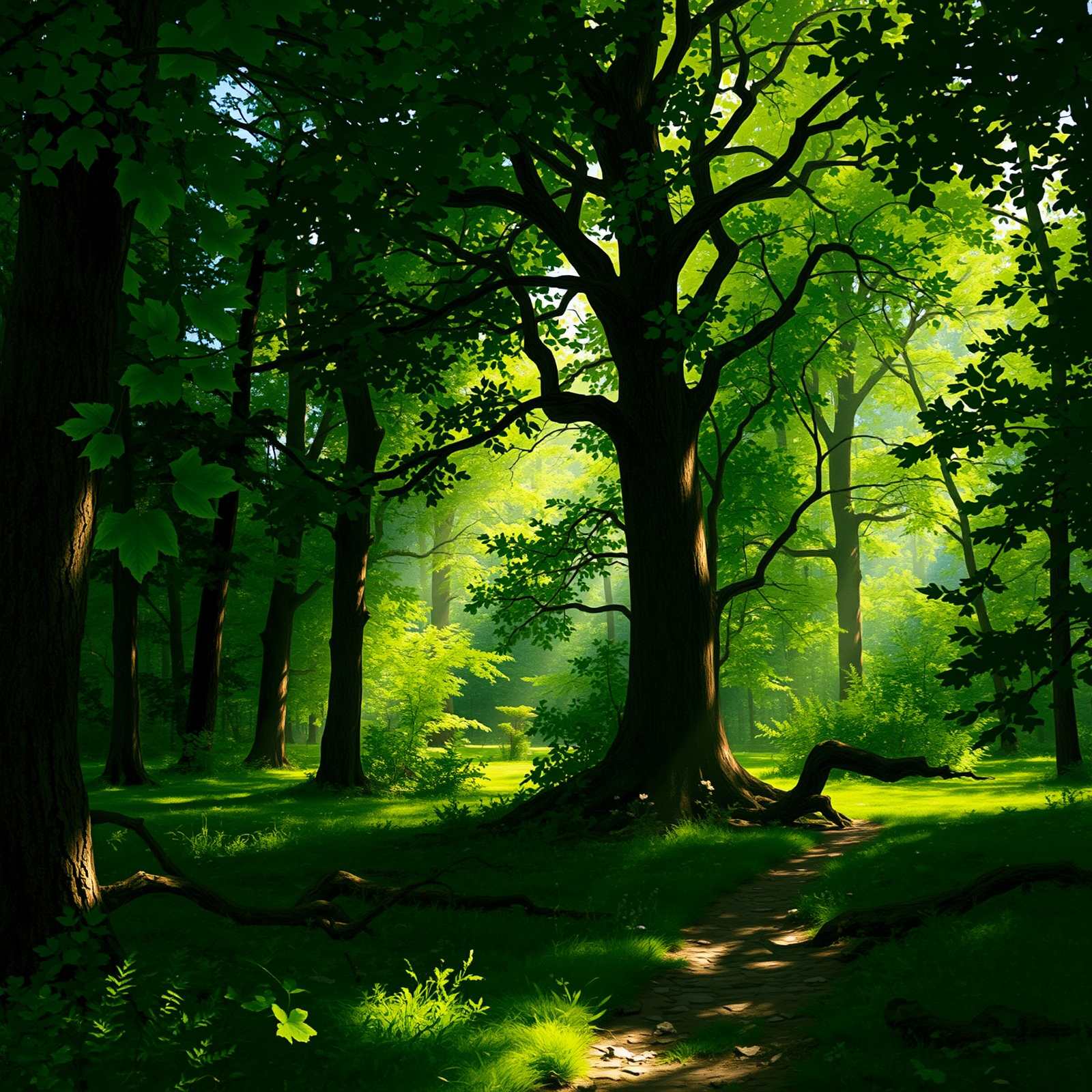 Sunlit Pathway Through the Forest view 2