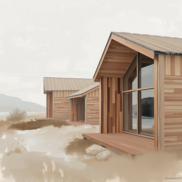 Wooden Cabins in Winter Landscape