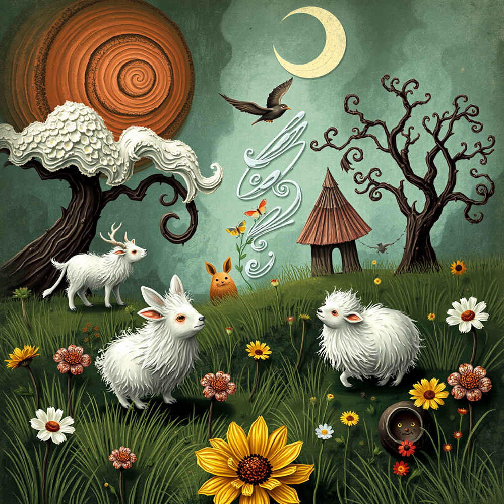 Whimsical Creatures Under a Spiraling Sky view 2