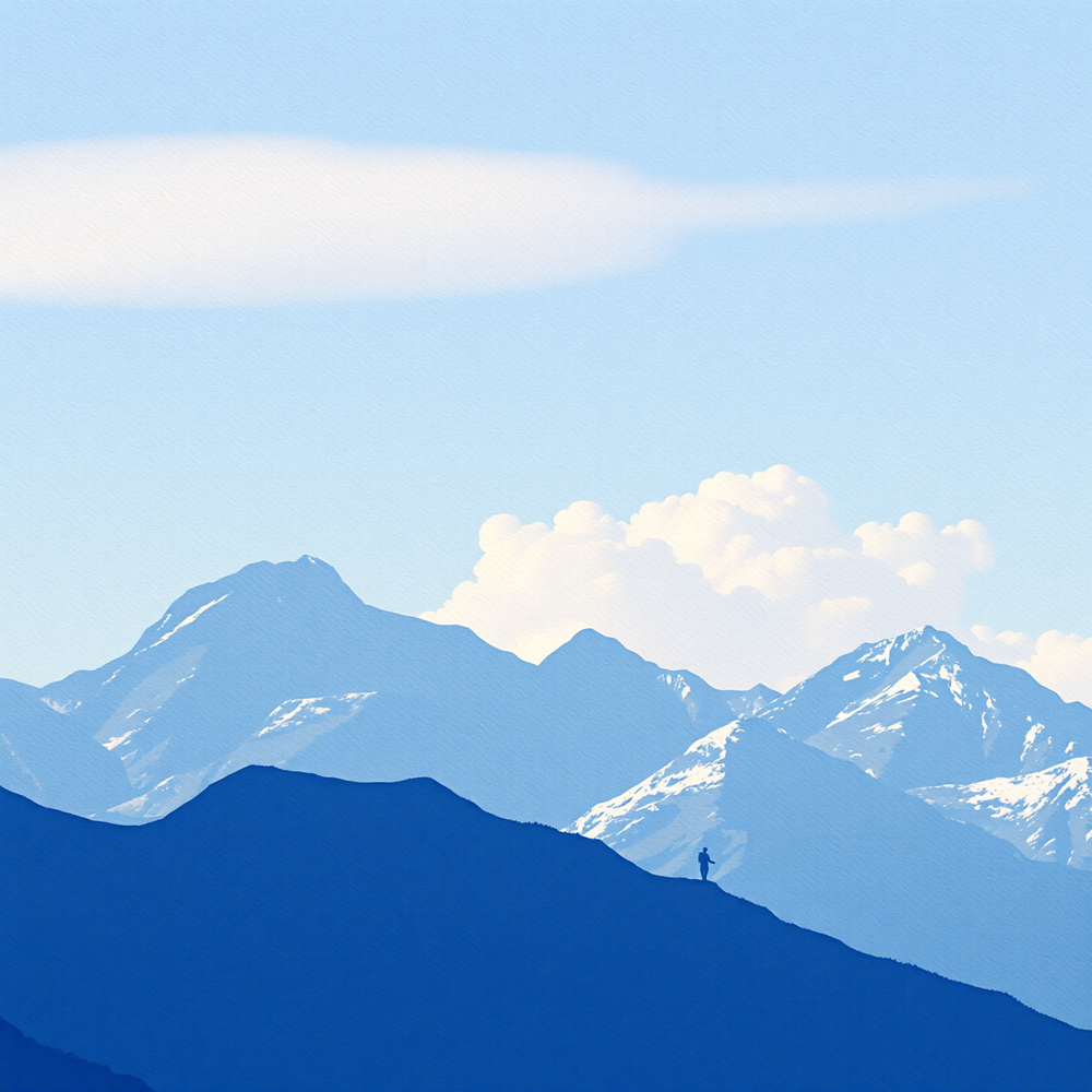 Solitary Climb Against Blue Peaks view 2