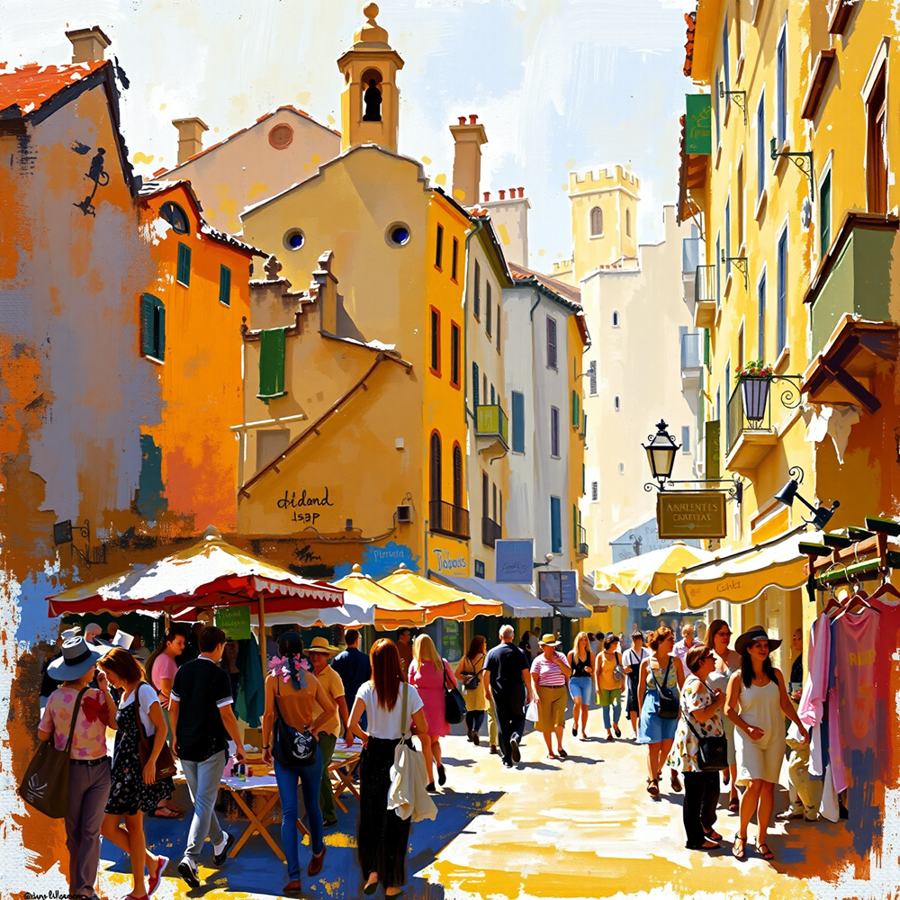 Vibrant Street Market in Sunlit Town view 2