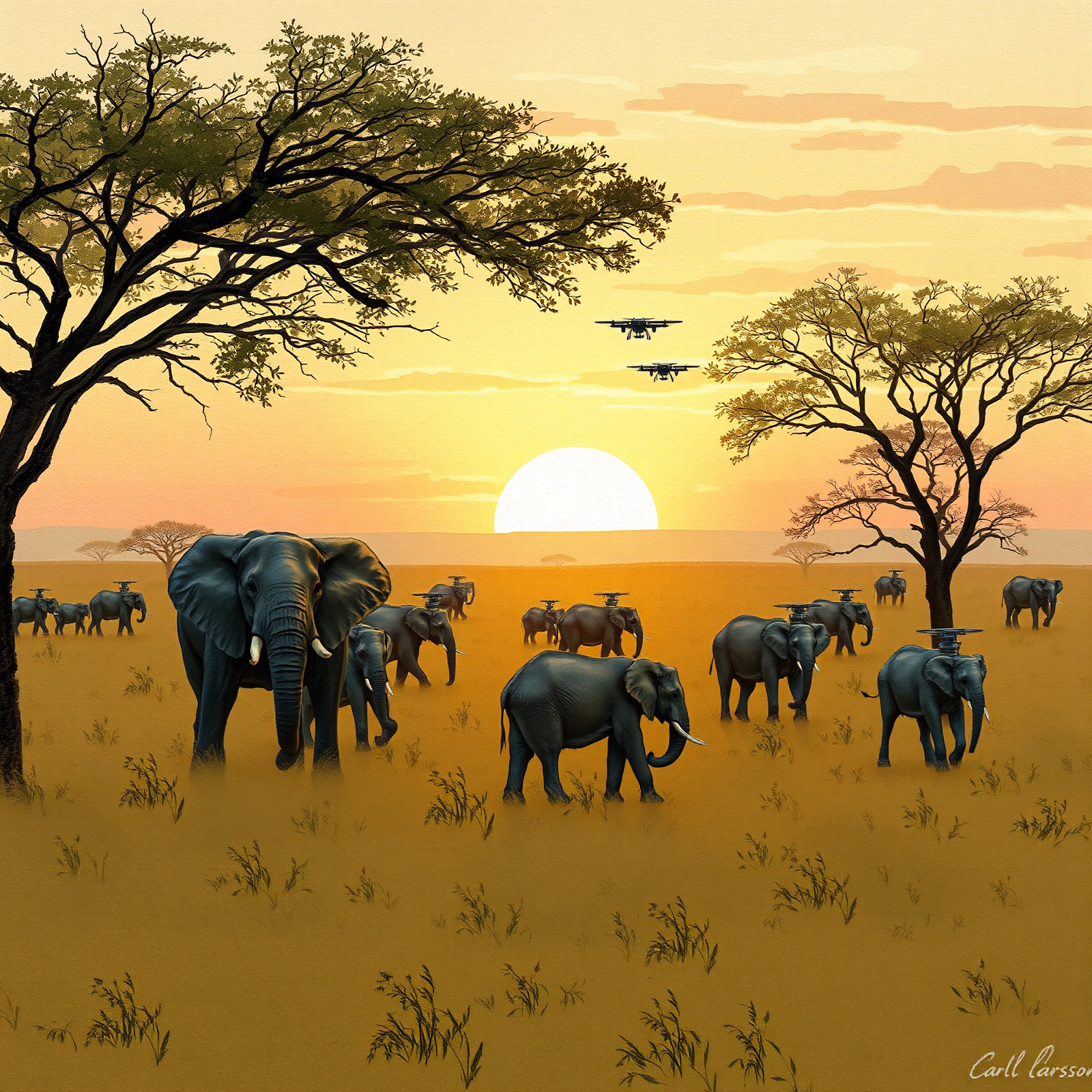 Elephants at Sunset in a Futuristic Savannah view 2