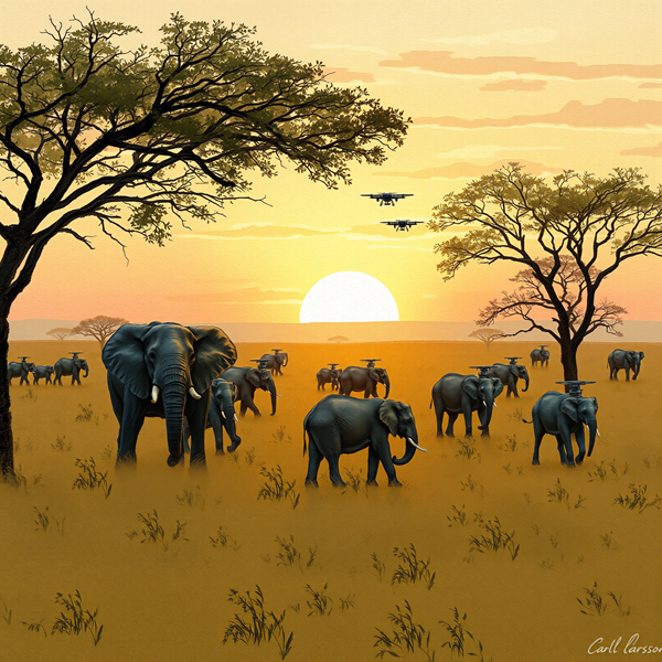 Elephants at Sunset in a Futuristic Savannah