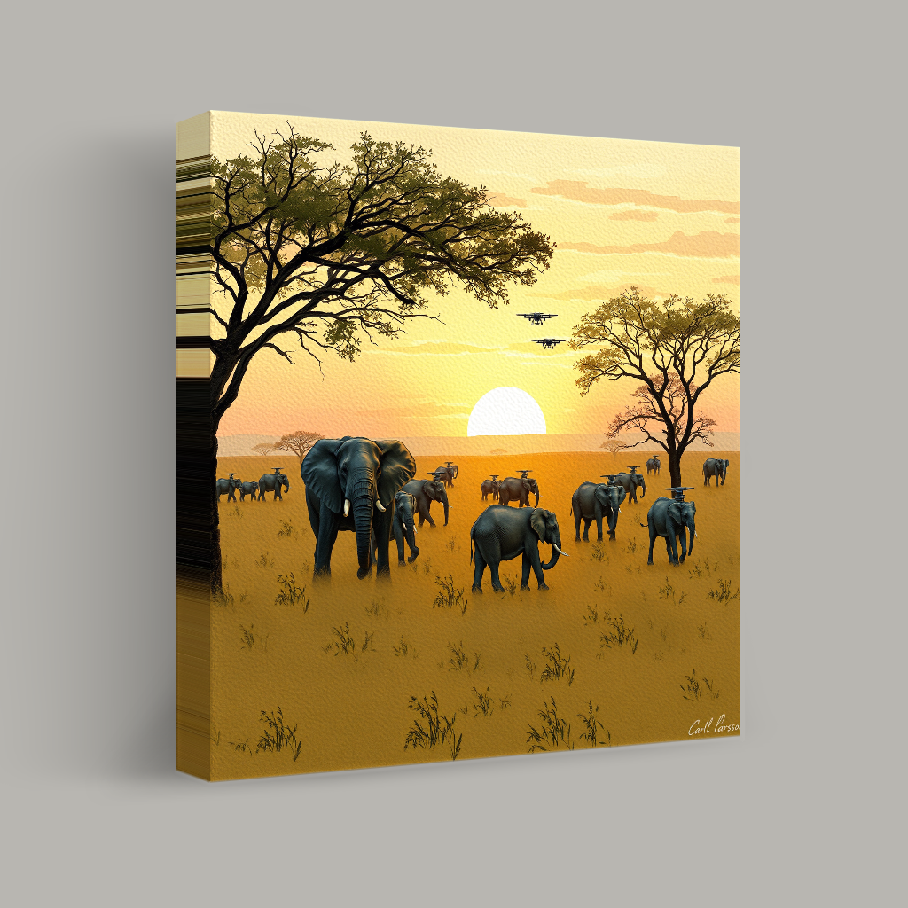 Elephants at Sunset in a Futuristic Savannah view 1