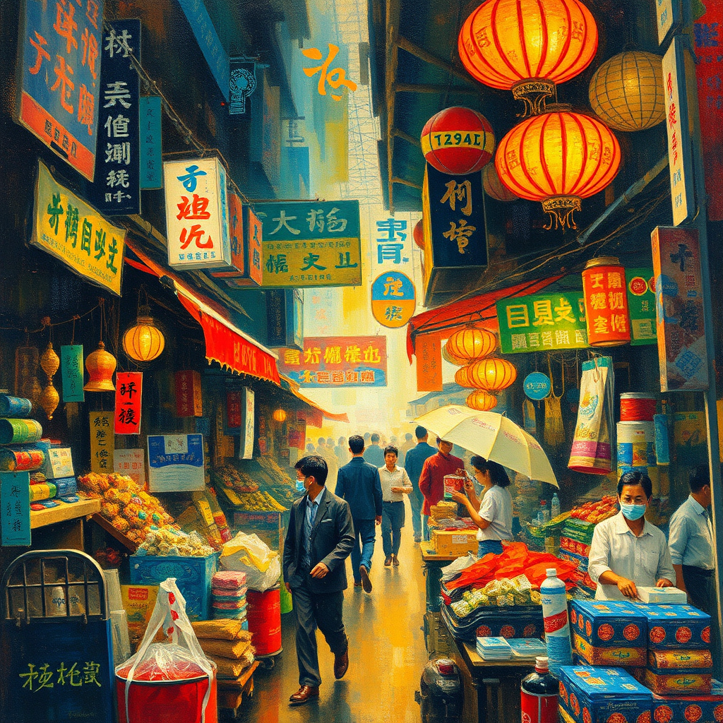 Laternen und lebhafte Verkäuferinnen und Verkäufer Ansicht 2