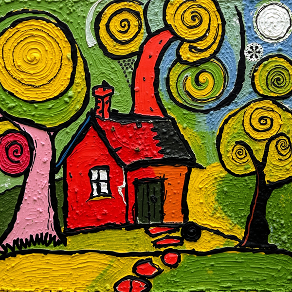 Whimsical Cottage in a Swirling Forest
