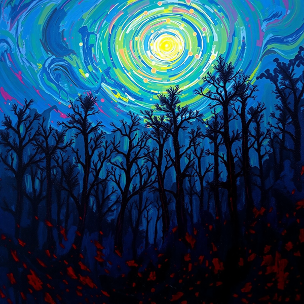 Swirling Night Sky Over Forest