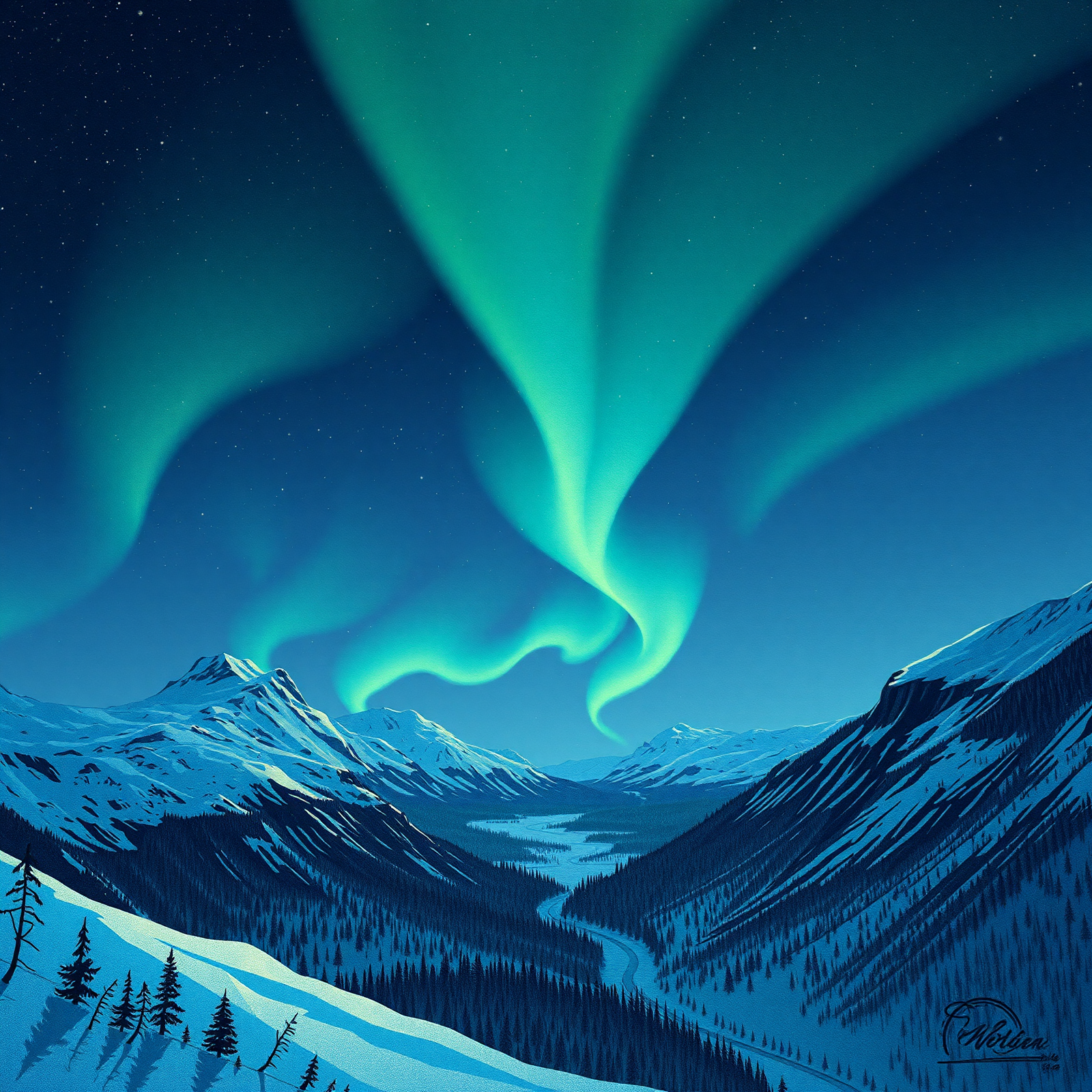 Aurora Over Snowy Mountains view 2