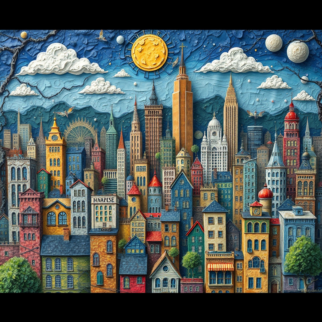 Whimsical Cityscape Under Celestial Skies view 2