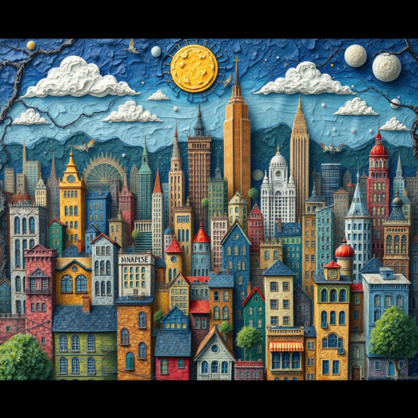 Whimsical Cityscape Under Celestial Skies